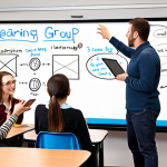 **Image Prompt:** A dynamic classroom setting with an adult educator facilitating an interactive session using a digital whiteboard. Students are engaged in group discussions and using tablets, showcasing modern e-learning techniques. The scene emphasizes collaboration and the use of innovative pedagogical tools. Focus on conveying a vibrant and engaging learning environment.