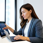 A professional woman, mid-30s, in a modest, smart casual business outfit, seated at a modern desk within a bright, contemporary co-working space. She is intently focused on a tablet screen, surrounded by subtle digital interfaces showing learning content and data visualizations. Her expression conveys deep thought and proactive engagement with new knowledge. The lighting is clean and natural. fully clothed, appropriate attire, safe for work, perfect anatomy, correct proportions, natural pose, professional dress, well-formed hands, proper finger count, natural body proportions, high quality, professional photography, family-friendly.