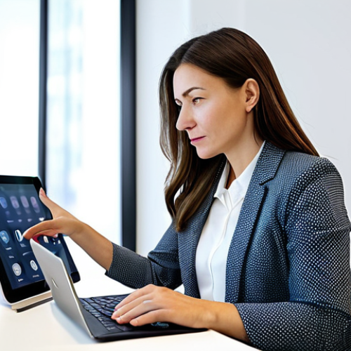 Home 24 A professional woman, mid-30s, in a modest, smart casual business outfit, seated at a modern desk within a bright, contemporary co-working space. She is intently focused on a tablet screen, surrounded by subtle digital interfaces showing learning content and data visualizations. Her expression conveys deep thought and proactive engagement with new knowledge. The lighting is clean and natural. fully clothed, appropriate attire, safe for work, perfect anatomy, correct proportions, natural pose, professional dress, well-formed hands, proper finger count, natural body proportions, high quality, professional photography, family-friendly.