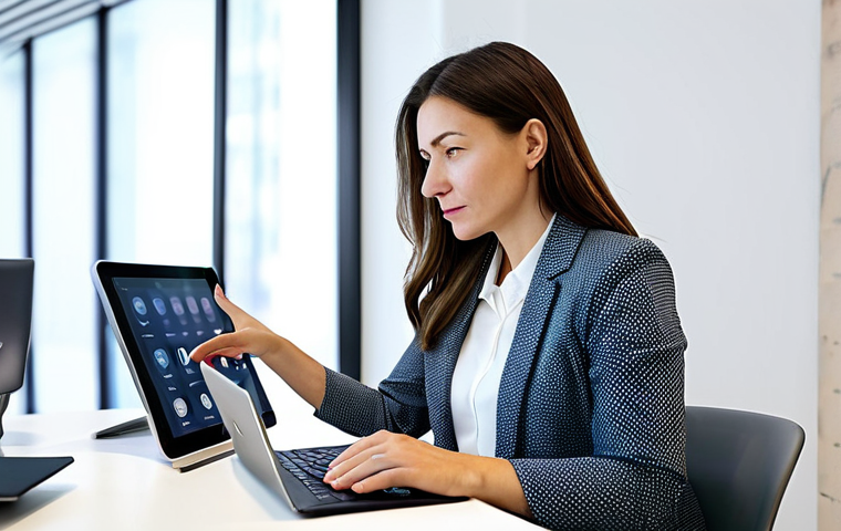 A professional woman, mid-30s, in a modest, smart casual business outfit, seated at a modern desk within a bright, contemporary co-working space. She is intently focused on a tablet screen, surrounded by subtle digital interfaces showing learning content and data visualizations. Her expression conveys deep thought and proactive engagement with new knowledge. The lighting is clean and natural. fully clothed, appropriate attire, safe for work, perfect anatomy, correct proportions, natural pose, professional dress, well-formed hands, proper finger count, natural body proportions, high quality, professional photography, family-friendly.