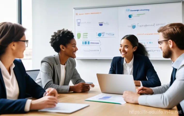 평생교육사 관련 대학원 과정 - **Prompt:** A diverse group of adult professionals, aged 30-55, engaged in a dynamic and collaborati...