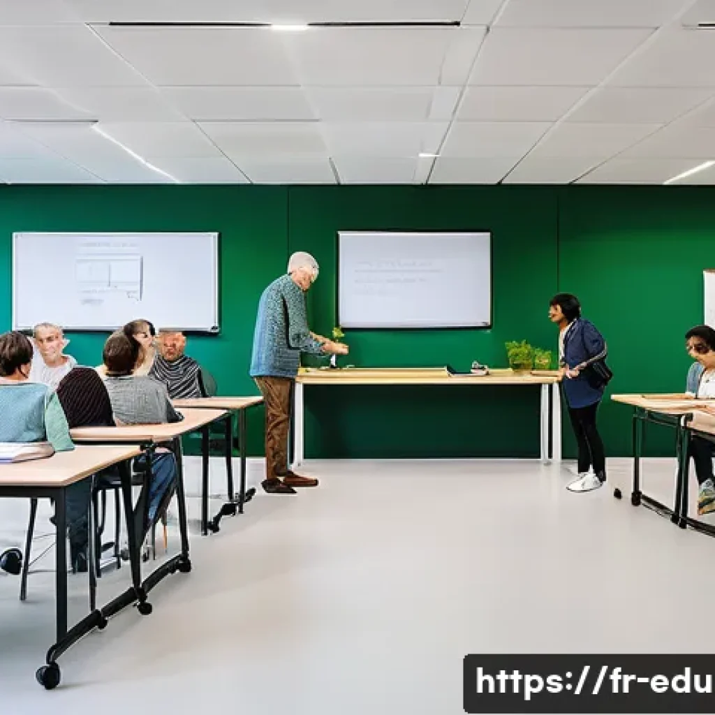 평생교육사 실습 기관 선택 팁 - A modern adult education center interior in Paris, showing a diverse group of learners including sen...