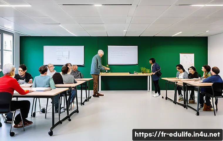 평생교육사 실습 기관 선택 팁 - A modern adult education center interior in Paris, showing a diverse group of learners including sen...