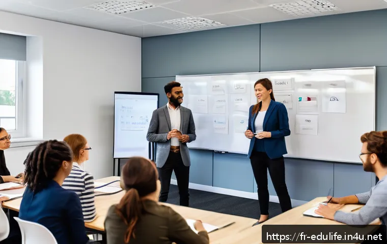 평생교육사 자격증으로 창업하는 방법 - A modern, bright training room filled with diverse adult learners engaged in a dynamic workshop. The...