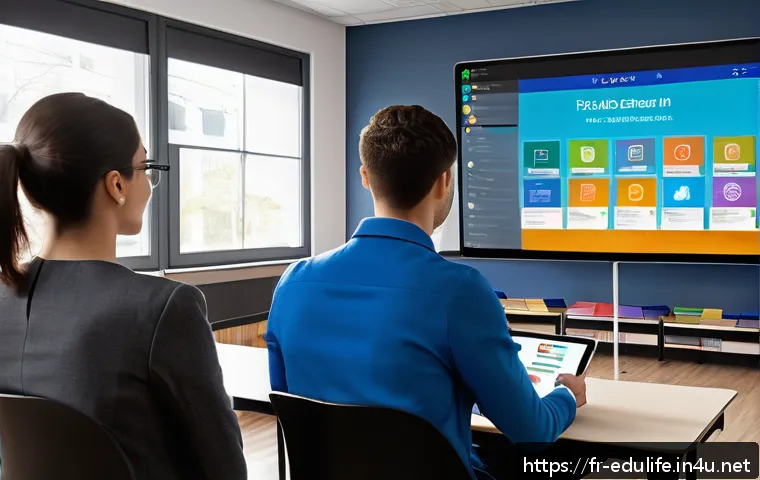 평생교육사와 직무 교육 기획 - A modern French classroom setting featuring diverse adult educators engaging with an interactive dig...
