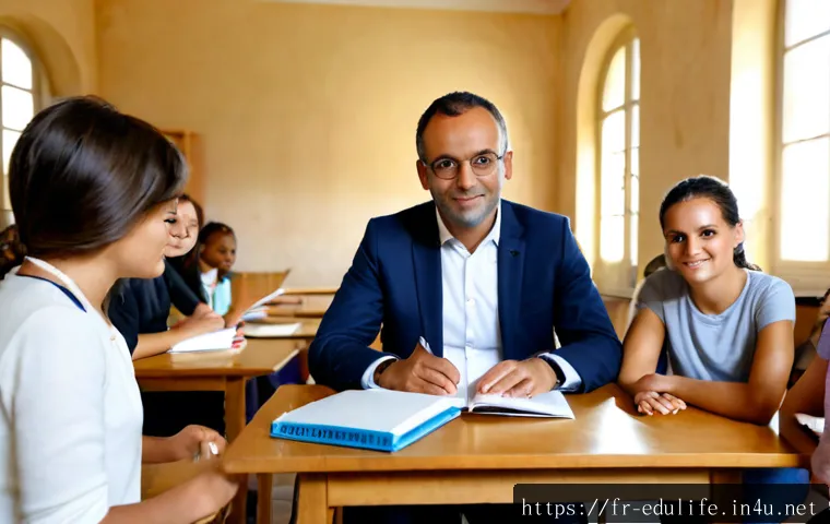 Home 17 평생교육사와 평생교육법 개정 사례 - Photorealistic adult education advisor in a bright French community learning center, warmly guiding ...