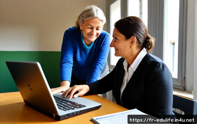 Home 17 평생교육사와 정부 지원금 활용 방법 - Photorealistic French adult education advisor in a bright community learning center, warmly guiding ...